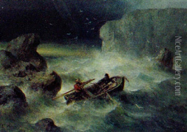 Sturm An Felsiger Kuste, Drei Manner In Einem Ruderboot Oil Painting - Theodor Koeppen