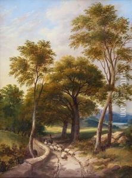 Shepherd And Flock In A Country Lane Oil Painting - Obadiah Short