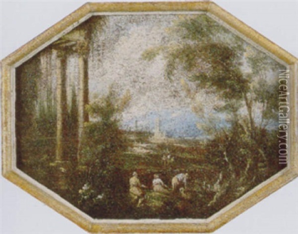 Lavandaie Alla Riva, Presso Rovine Antiche Oil Painting - Antonio Maria Marini