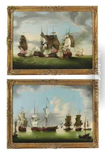 A Naval Engagement Off The Isle Of Man (+ The Fleet Off The Isle Of Man; Pair) Oil Painting - Charles Brooking