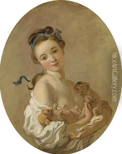 Young girl holding two puppies Oil Painting - Jean-Honore Fragonard