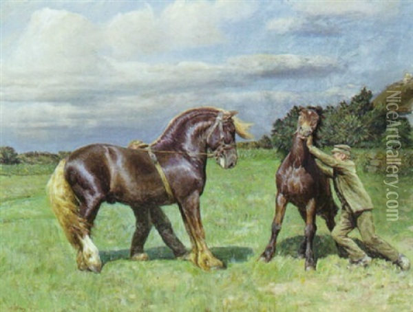 Bonde Med Forarskade Heste Pa Marken Oil Painting - Niels Pedersen Mols