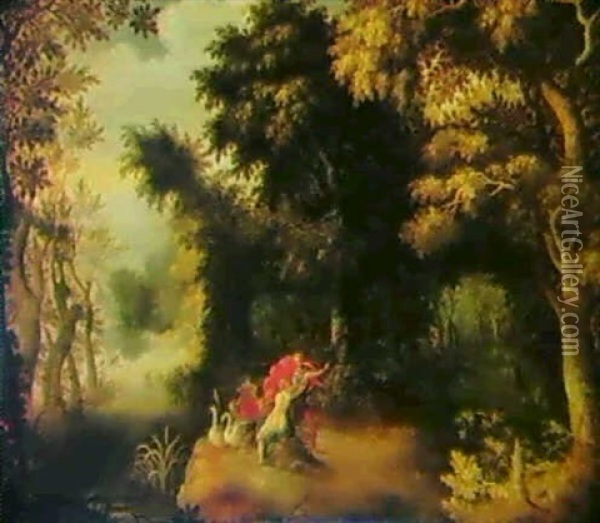 Wooded River Landscape With Venus And Adonis Oil Painting - Jasper van der Laanen