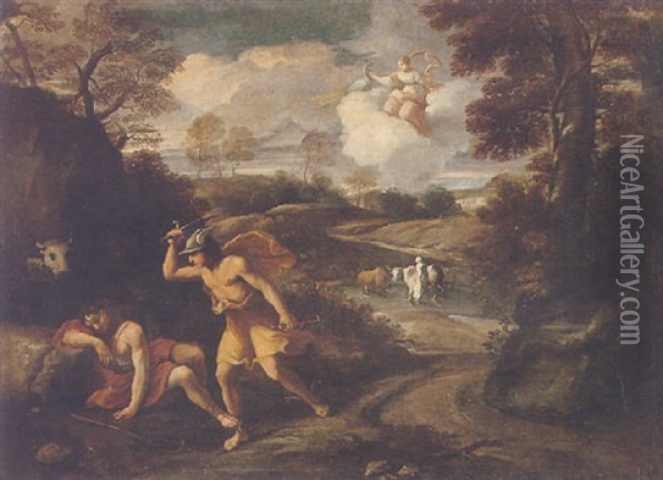 Mercury Slaying The Sleeping Argus, Juno Observing From A Cloud Above Oil Painting - Pier Francesco Mola