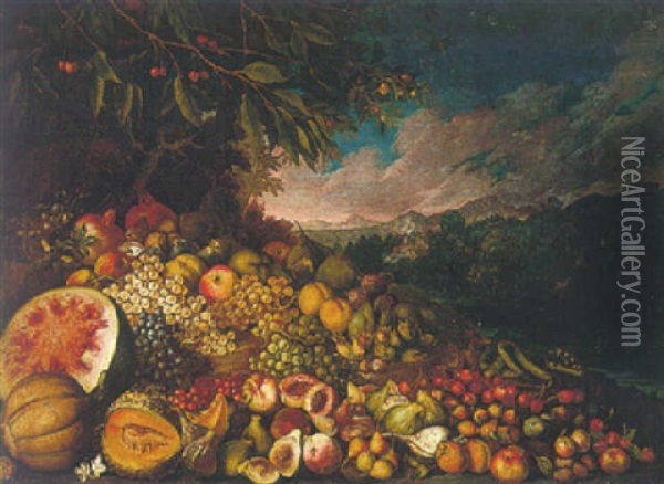 Still Life Of Grapes, Melons And Others Fruits In A Landscape, A River Beyond Oil Painting - Giovanni Battista Ruoppolo