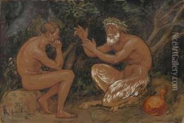 Faun And A Young Man. Oil Painting - Hans Thoma
