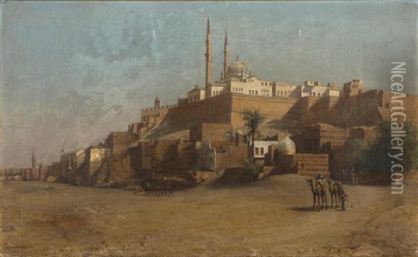 Travelers Before The Walls Of An Arab Town Oil Painting - Henry Ferguson
