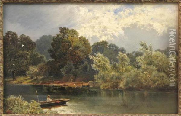 Fisherman On River Landscape Oil Painting - Alfred de Breanski