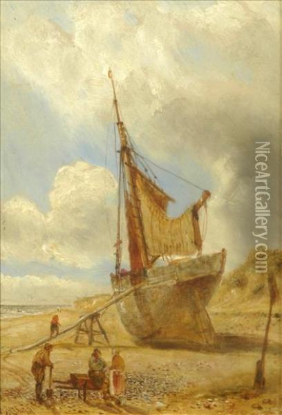 Figures By A Beached Boat Oil Painting - William Joseph Caesar Julius Bond