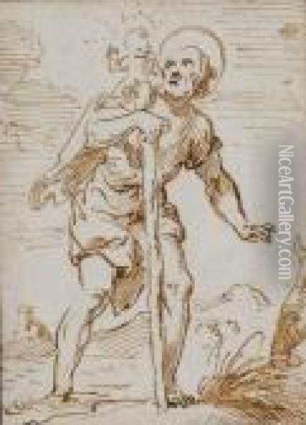 Saint Christophe Appuye Sur Un Baton Portant L'enfant Jesus Sur Son Epaule Oil Painting - Antonio Del Castillo Y Saavedra