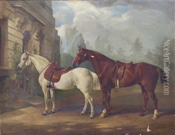 Two Saddled Hunters Oil Painting - Edward Lloyd