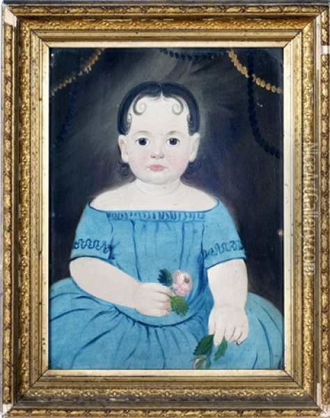 Portrait Of A Young Girl In Blue Holding Pink Roses Oil Painting - William Matthew Prior