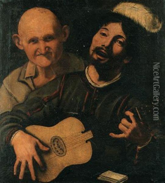 A Guitar Player And An Old Man Attending Oil Painting - Pietro Paolini