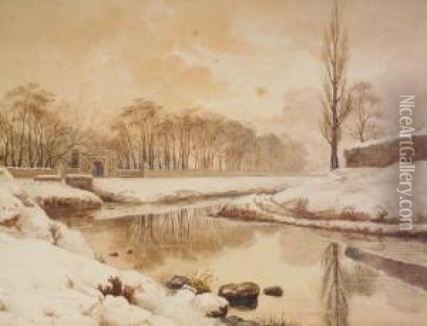 Winter In The Dodder, Rathfarnham - March 1888 Oil Painting - Archibald Mcgoogan