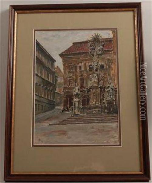 A Baroque Town Square And A Trinitycolumn Oil Painting - Emil Czech
