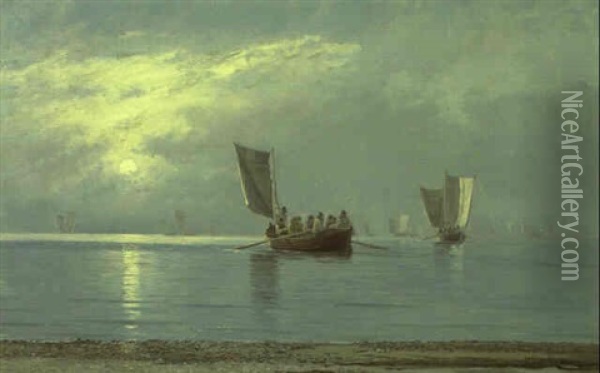 Marine Med Fiskerbade Udfor Skagen Strand, Aften I Maneskin Oil Painting - Carl Ludvig Thilson Locher