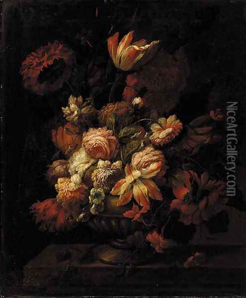 Parrot tulips, narcissi, carnations, peonies and other flowers in an urn on a stone ledge Oil Painting - French School