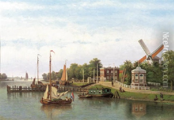 A View Of The Binnen Amstel, Amsterdam Oil Painting - Johannes Jacobus Antonius Hilverdink