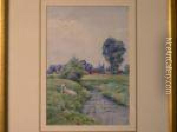 Embrook Nr Reading,girl Resting By A Stream Oil Painting - John Mcintosh Madden