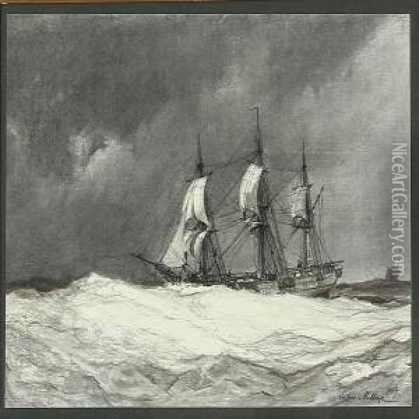 Seascape With A Three-masted Sailing Ship In High Waves Oil Painting - Anton Melbye