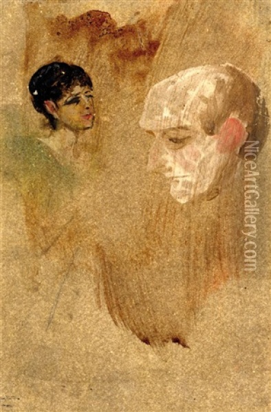 Dame Mit Hut (+ Zwei Kopfe; 2 Works) Oil Painting - Franz Seraph von Lenbach