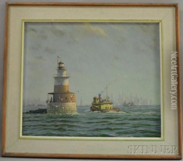 Robbins Reef Lighthouse, Upper Bay, New York Oil Painting - William Hurd Lawrence