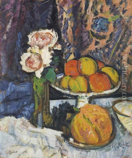Still Life With Roses And Fruit Oil Painting - George Leslie Hunter
