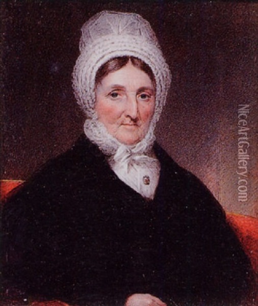 An Elderly Lady, Seated In A Red Upholstered Chair, Wearing White Lace Bonnet Tied Beneath Her Chin Oil Painting - Thomas Hargreaves