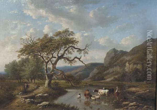 Cattle Crossing A Ford In A Valley With Travellers On A Sandy Tracknearby Oil Painting - Louis Pierre Verwee