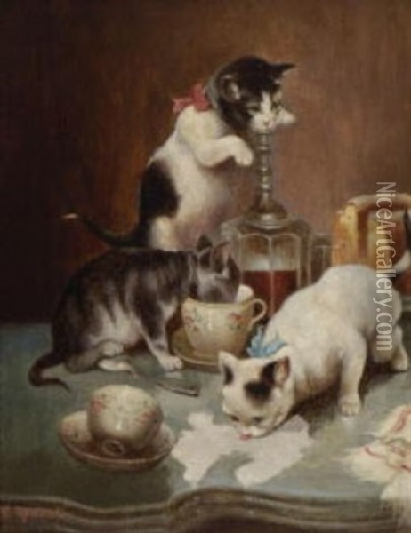 Drei Katzchen Auf Dem Kaffeetisch Oil Painting - Carl Reichert