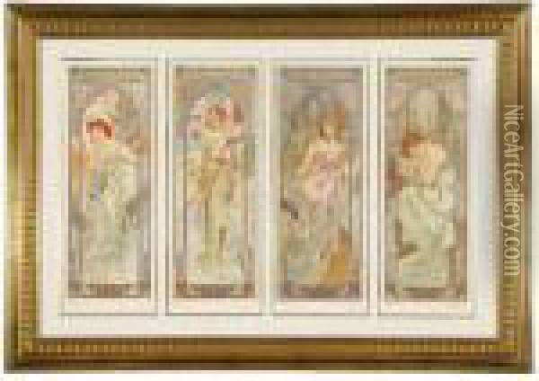 Four Times Of A Day Oil Painting - Alphonse Maria Mucha