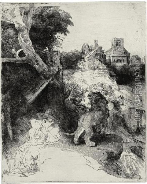 Saint Jerome Reading In An Italian Landscape Oil Painting - Rembrandt Van Rijn