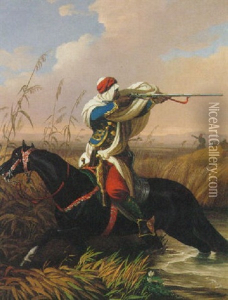 An Arab Horseman Fleeing From Attack Oil Painting - Karoly Jacobey