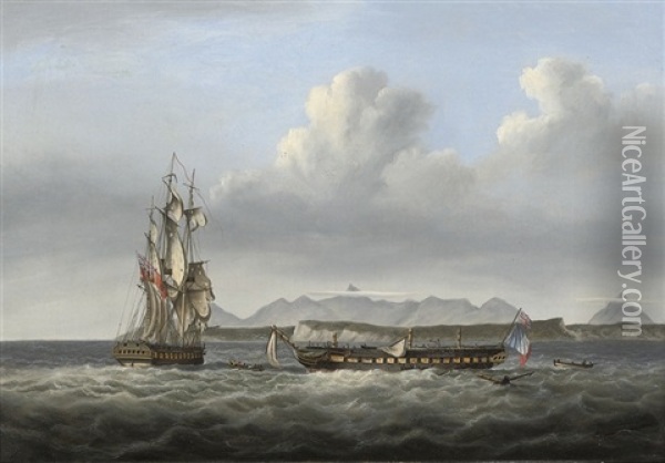 H.m.s. San Fiorenzo And The Defeated French Frigate Piemontaise Oil Painting - Charles Augustus Mornewick