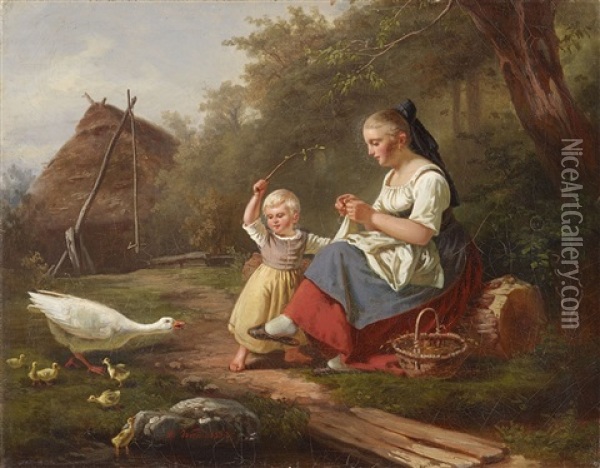 The Girl And The Goose Mother Oil Painting - Hermann Werner