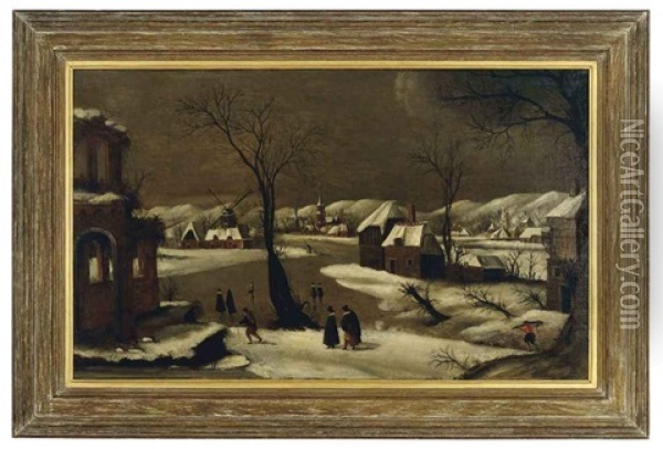 A Snowy Winter Village Scene Oil Painting - Jacob Grimmer