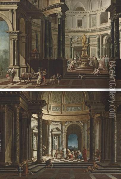 A Capriccio Of The Interior Of A Temple With A Scene Of Sacrificeto Jupiter Oil Painting - Pietro Francesco Garola