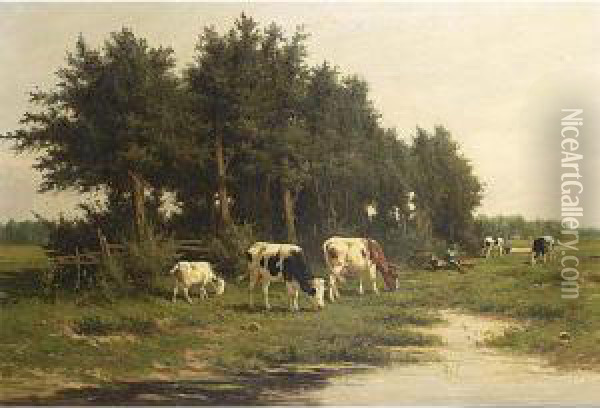 A Peasant With His Cattle In An Extensive Landscape Oil Painting - Hermanus Charles Christiaan Bogman