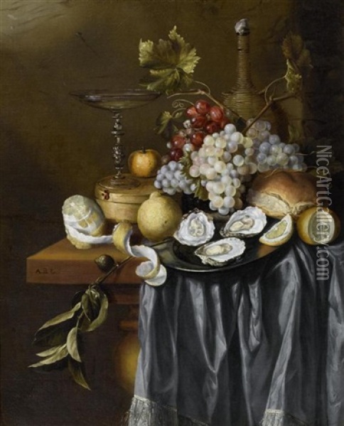 Fruchtestilleben Mit Austern Und Weiteren Objekten Oil Painting - Jan Davidsz De Heem