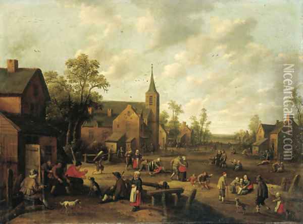A village scene with peasants playing and conversing Oil Painting - Joost Cornelisz. Droochsloot
