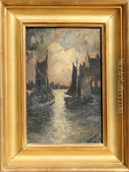 Untitled - Sailing At Night Oil Painting - Anton Laurids Johannes Dorph