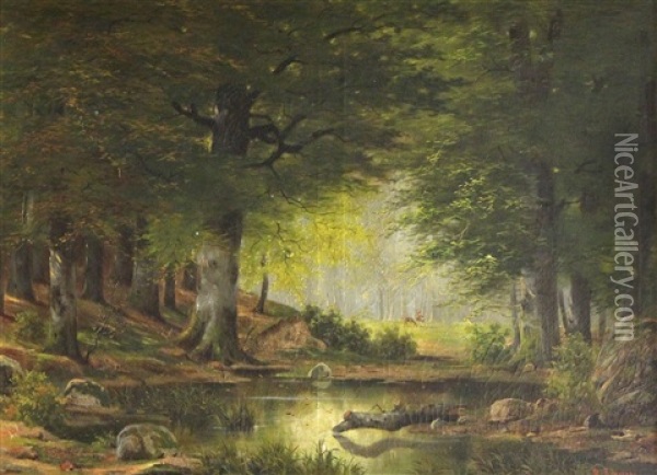 See Im Wald, Im Hintergrund Eine Lichtung Mit Zwei Rehen Oil Painting - Alwin Arnegger