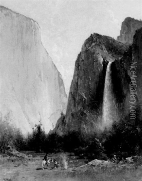 Indian Encampment Before Bridal Veil Falls, Yosemite Valley Oil Painting - Thomas Hill