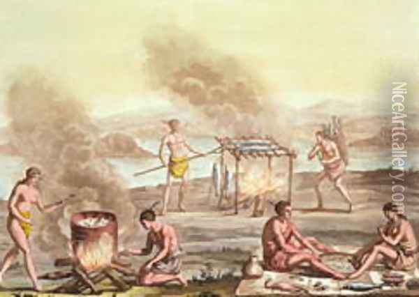 Indigenous natives from Florida preparing and cooking food Oil Painting - John White