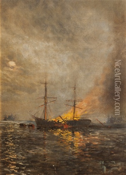 Fragata Incendiandose Oil Painting - Manuel Larravide