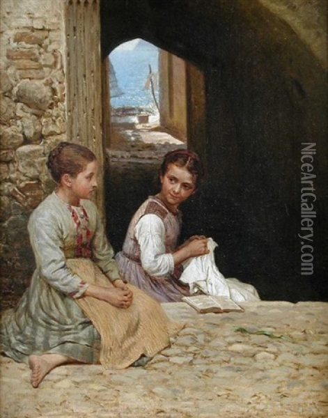 Two Italian Girls Sewing By A Window Over The Mediterranean Oil Painting - Hans Ole Brasen