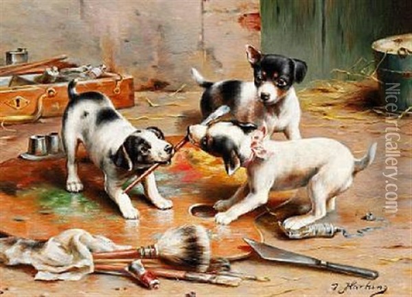 Three Puppies Are Playing With The Artist's Paintbrush, Palette And Colors Oil Painting - Carl Reichert