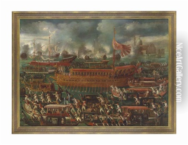 Venice, The Doge In The Bucintoro Departing For San Nicolo Di Lido On Ascension Day Oil Painting - Mathaeus Stomer the Elder