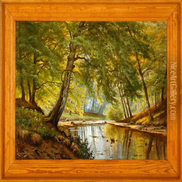 A Stream Through A Summerforest Oil Painting - A. G. Jacobsen