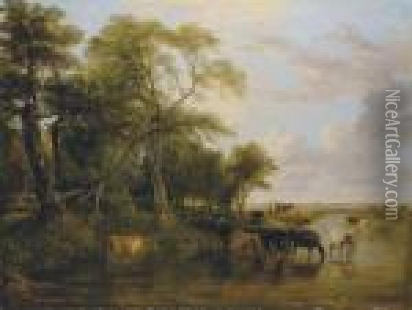 A Woody River Scene, With Cows Watering Oil Painting - Frederick Richard Lee